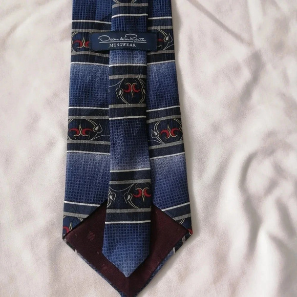 Vintage 80s Oscar de la Renta 100% Silk Blue Ombre and Red Patterned Tie - Picture 7 of 14